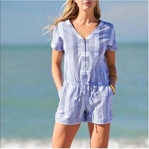 Vineyard Vines Seersucker Striped Romper Womens M Blue White Beach Preppy Dainty